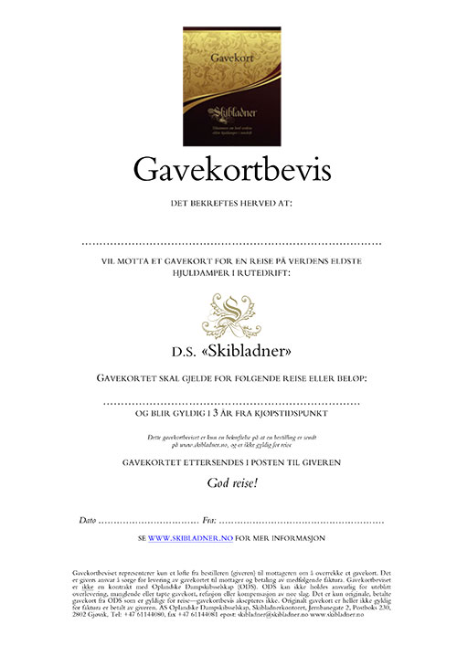 Gavekortbevis Skibladner